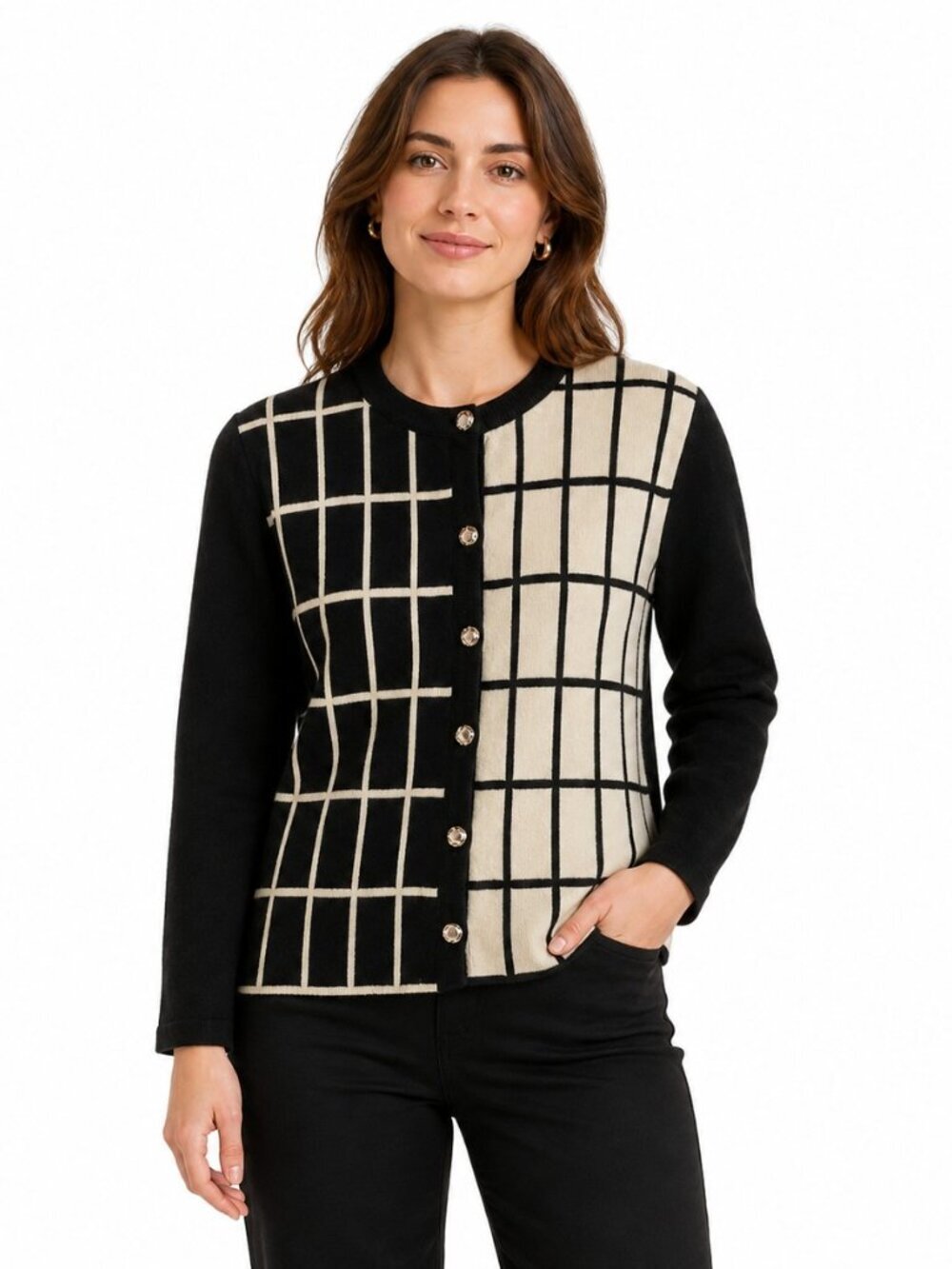 Vintage Renate Beige Black Box Print Knit Cardigan